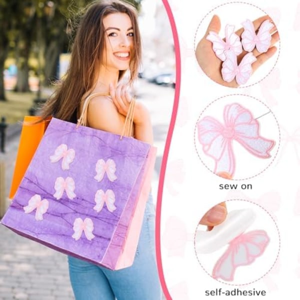 6 stk. Pink Iron-on Patches til Tøj, Søde Buestikker Broderi Rygsæks Patches Dekorationer til Kvinder Piger