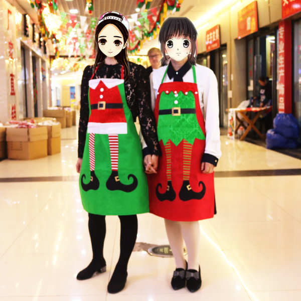 2PCS Christmas Apron Kitchen Red Santa Claus Elf Costume Fancy Dress Chef Apron with Pockets and Cut