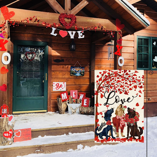 2 stk. Happy Valentine Rosekrans Hund Hageflagg 12x18 tommer Dobbeltsidig, Kjærlighet Hjerte Valentinsdag Jubileum Hage