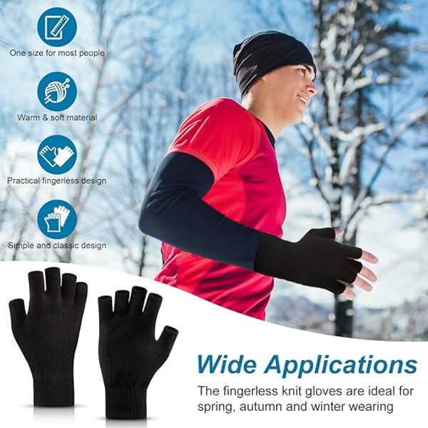 (2 par) Sorte One Size fingerløse strikkede handsker Varme halvfingerhandsker Vinterstrik-kørehandske