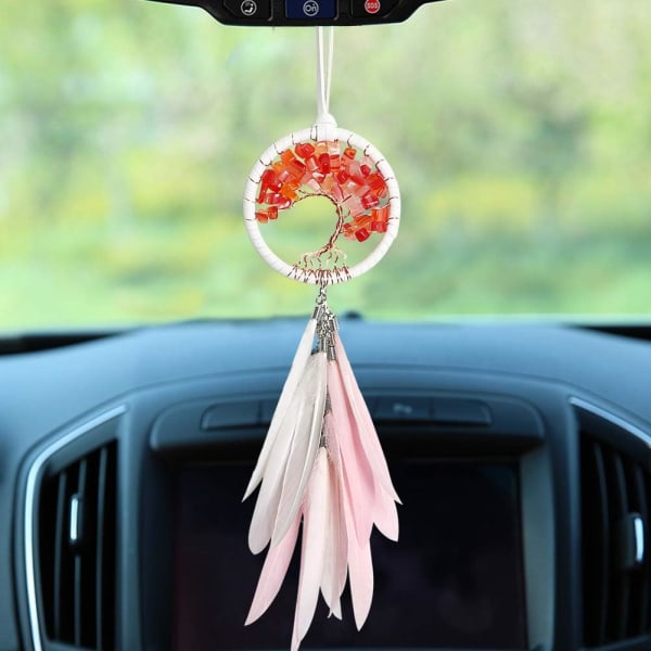Handmade dream catcher with car mirror, crystal beads, pink