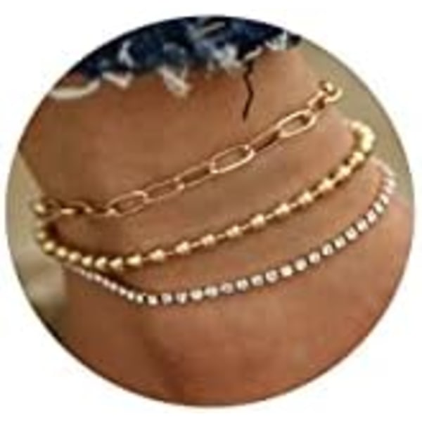 18,5 cm 3 stk. Ankelkæder til Kvinder Teenagere 14K Guldbelagte Ankelkæder Cuban Link Tennis Snake Paperclip Kæde C