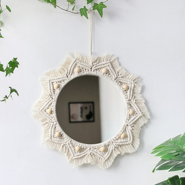 Väggdekor Spegel Macrame Cirkel Hängande Spegel för Sovrum Vardagsrum Lägenhet Entré Heminredning