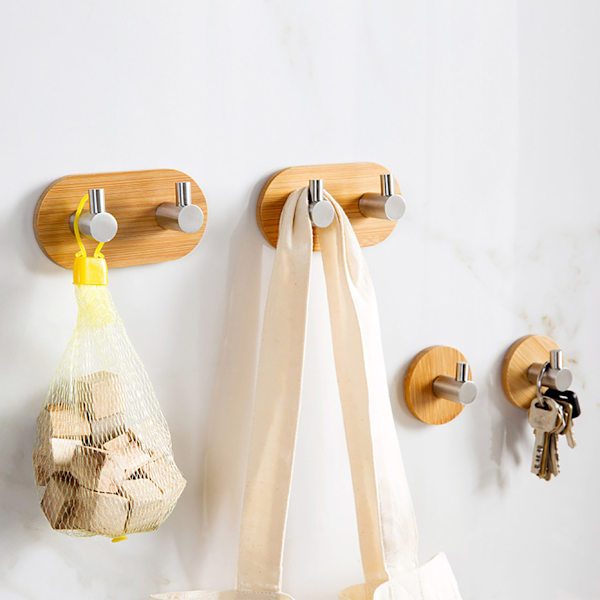 Adhesive Hooks Wood, 3 Packs Adhesive Towel Coat Hooks Bamboo Stai