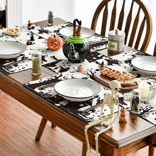 Sett med 4 svarte og hvite spøkelsesaktige hjemsøkte hus, tre, spøkelse, heks Halloween-underlag, 12x18 tommer sesongmessig høstferiebord M