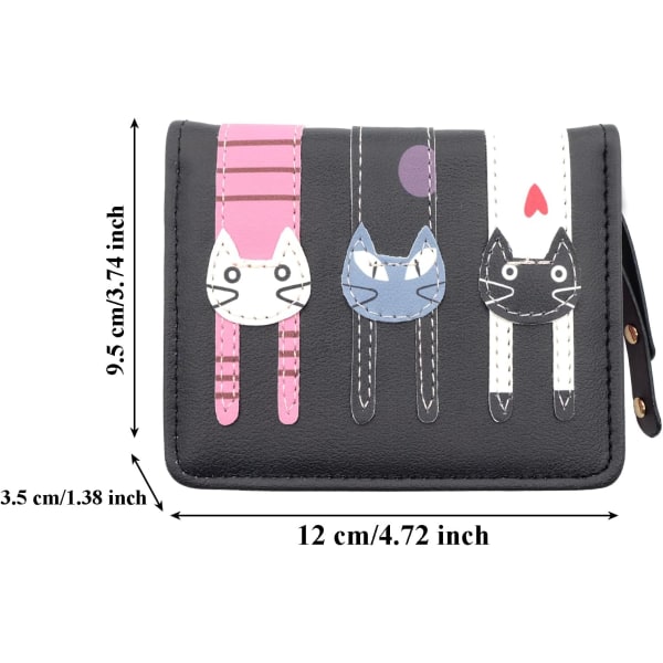 Black Mini Cute Wallet, Cartoon Cat Girl Myntväska, Leather Co