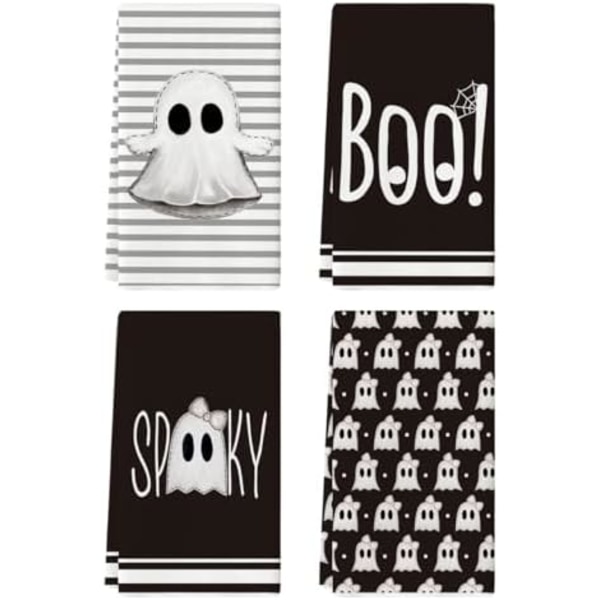 Sorte Stribede Spøgelses Boo Spooky Halloween Køkkenhåndklæder Opvaskehåndklæder, 18x26 Tommer Buesløjfe Dekoration Håndklæder Sæt af 4