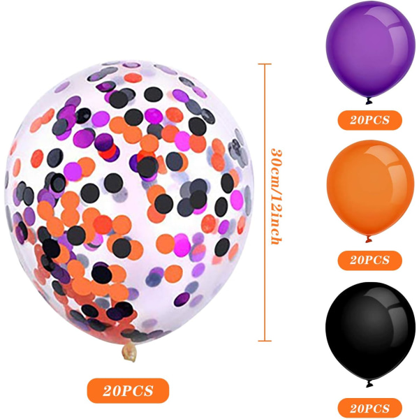 12 tommer Halloween-balloner, Halloween-festballoner, heliumballoner, lilla orange sorte konfetti