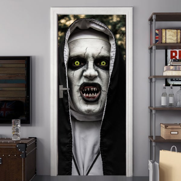 3D Halloween Nonne Dørklistremerker, Halloween Dekorasjon, 30 x 80 tommer Realistisk Skrekkelig Spøkelsesnonne Dør