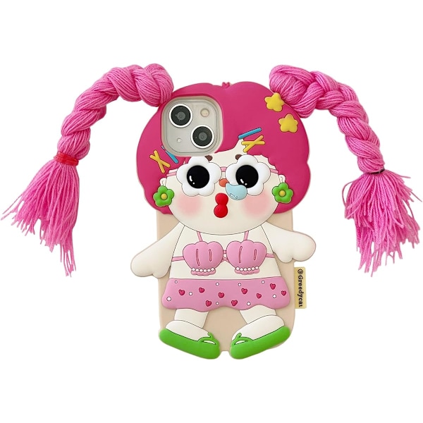 Etui til iPhone 16, Søt 3D Kawaii Telefonvesker Morsomme Jenter Har Langt Hår Tegneseriedeksel med Nøkkelring Myk Silikon Gel D
