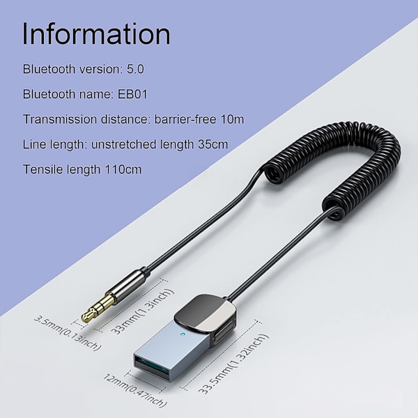 Bluetooth-mottaker for bil, Bluetooth USB Aux-adapter Bluetooth