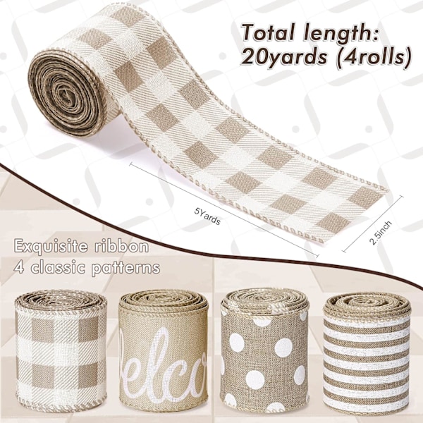 4 Ruller 20 Yards Landlig Bånd  Bånd med Tråd Velkommen Stribet Prik Buffalo Plaid Bånd Trådet Rustik Polyester Bånd f
