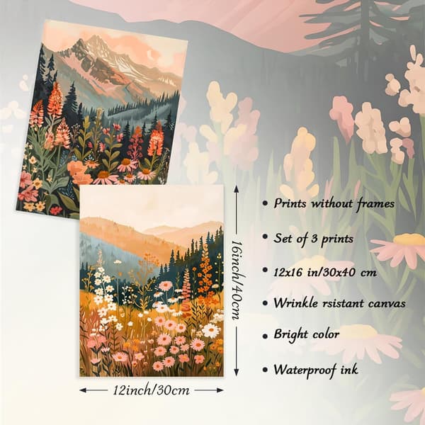Set med 3 väggkonst i boho-stil föreställande blommande berg, 30x40 cm (Ram ingår ej)