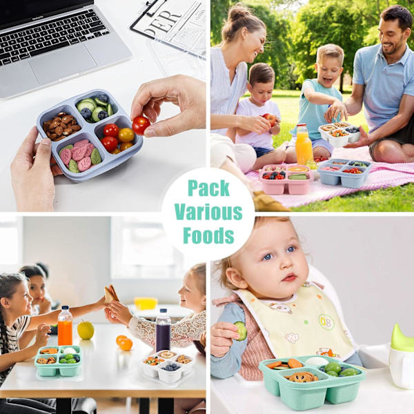 4 Pakkaus Bento-välipalatilaa, Lounasastiat Lapsille ja Aikuisten, Vehnänolki 4-osastoinen Uusiokäyttöinen Ruokasäilytysastia