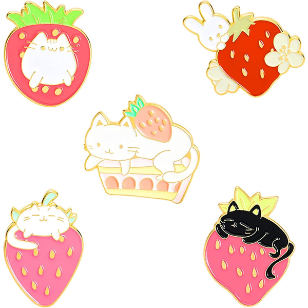 Söt jordgubbs emalj Pins Set Cartoon Frukt Kanin Cat Lap