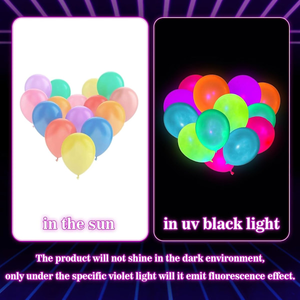 100 stk UV Neon Balloner, Neon Glow Party Balloner UV Sort Lys Balloner Gløder i mørket til Fødselsdag Dekorationer Bryllup