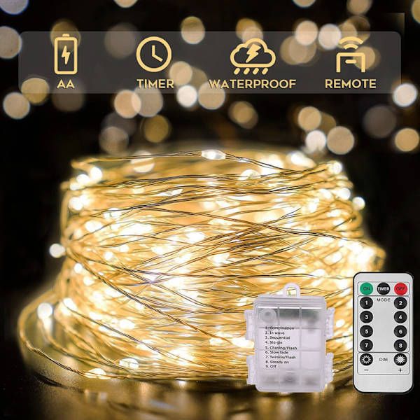 Pieces Home Lysstreng, 10m 100 LED Batteridrevet Feelygter, Varmt Hvid Gardinlys til Indendørs Udendørs, Holi