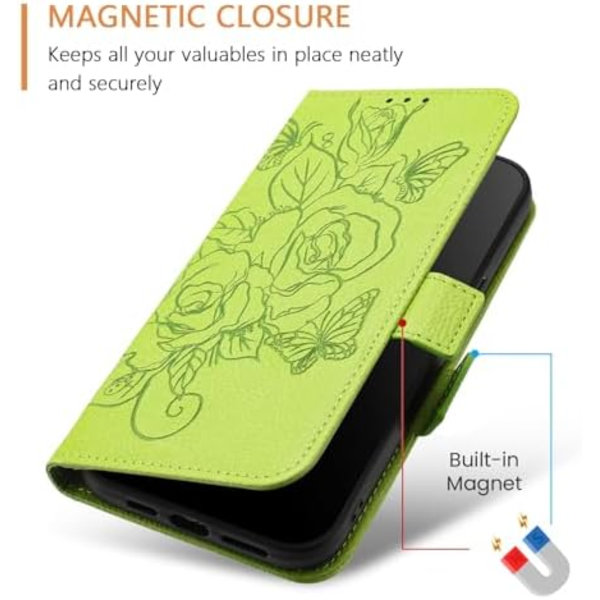 Plånboksfodral för iPhone 16 Pro Max, Läder med Kortfack, Rosblommig Magnetstativ RFID-Blockering