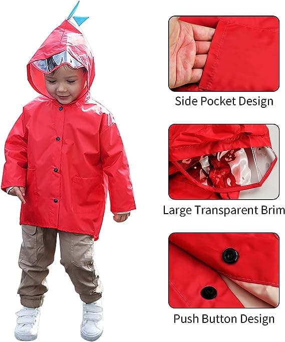 Rød regnfrakk for barn, 5-8 år, hette regnponcho jakke for