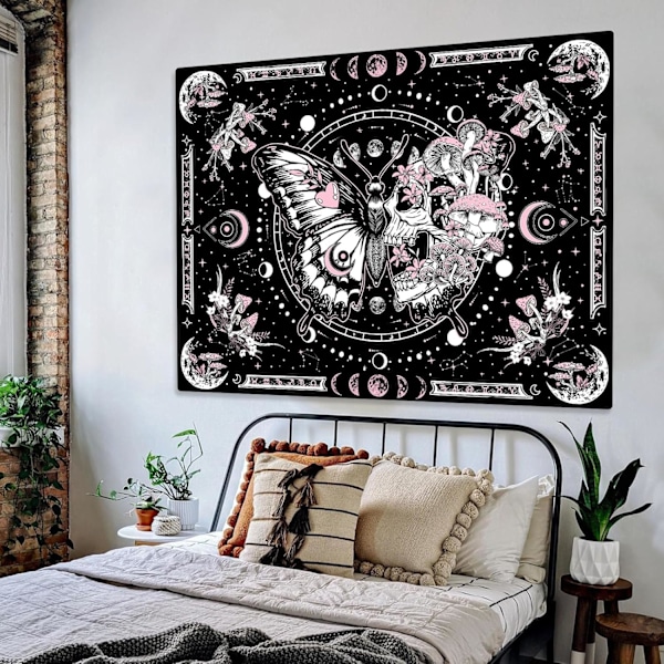 (Rosa, 152 cm x 112 cm) Skelett Fjäril Tapestry Rosa Dödskalle Hippie Svamp Växter Tapestry för Sovrum Månfas Estetiska Tapestries Väggbonad för L