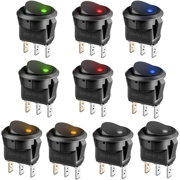 10 stk 12v bryter belyst LED vippebryter 12v 3 posisjon låsing Spst bryter rund knapp for