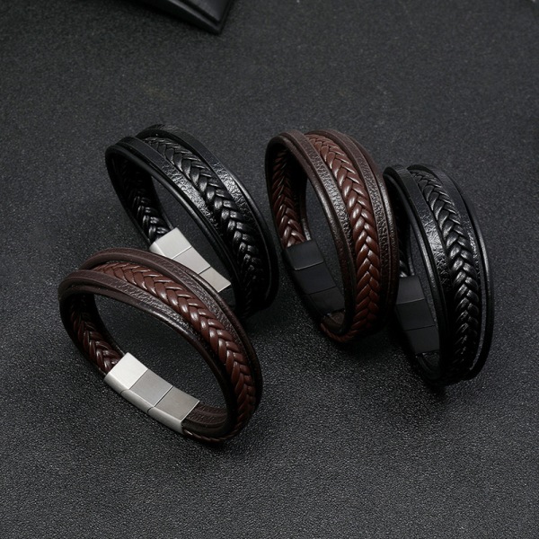 Men's Leather Bracelet with Magnetic Clasp Multilayer Braide