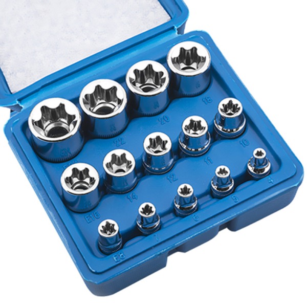 （130x57x115mm）Sæt med 14 hun Torx-stikdåser E4-E24 sekskantede