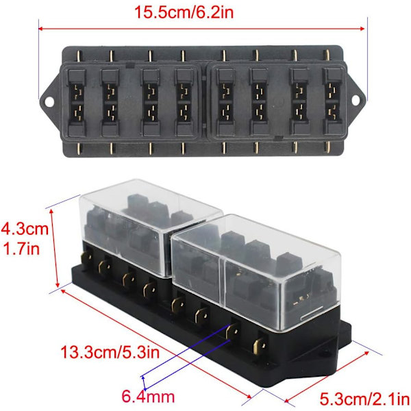32V 40A 8-vejs standard sikringsboks, vandtæt 6,3 mm sikringsboksholder, med 10 stk. løse bladfuse (3A 5