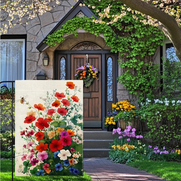 Vårbie Rød Pelargonia Hageflagg 30x45 cm Velkommen Sommer Fargerik Blomst Blomsterhage Utendørs Flagg Hus Ferie Utepynt Jute