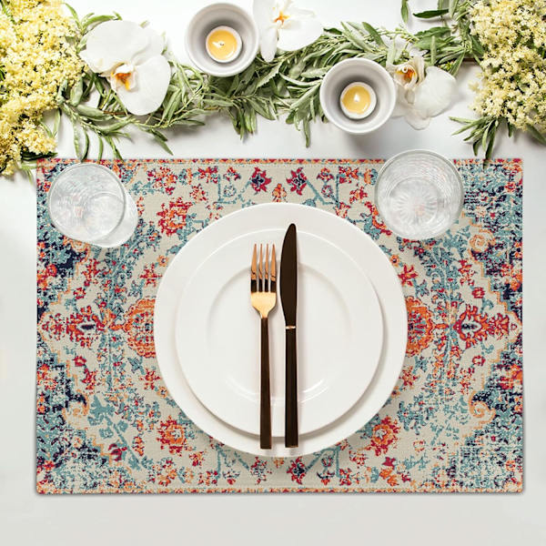 Etninen Boho-paikka-alustat, 4 kpl, Lounainen Oranssin, Sinisen ja Teal-väriset, Mattomainen Tekstuuri, Pellava, Pestävä, Keittiön ja Ruokapöydän Alustat