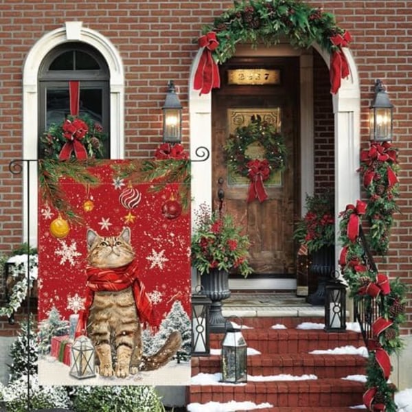 12x18 Tommer Julevinterhageflagg Dobbeltsidig Utenfor, Snøfnugg Katt Juletre Ornament Ferie Hage Uteo