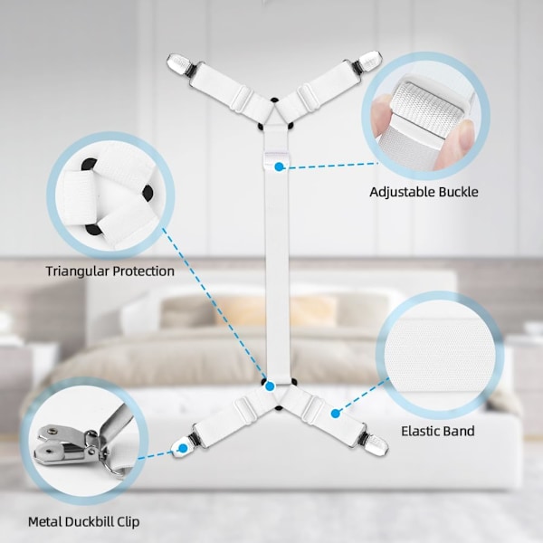 (Valkoinen) Lakanahihnat, 2 pakkausta 4 klipsua Säädettävät kiinnitetyt lakanat Kolmion muotoinen kiinnike Elastinen patjan tens