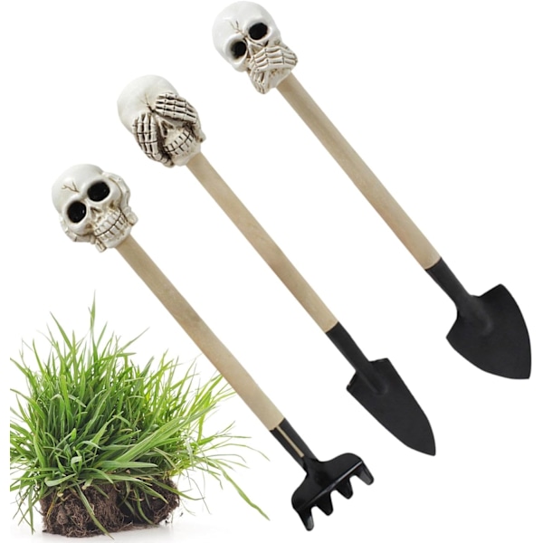 3 stk. Miniatyr Hageverktøy, Hage Rake Trowel - Hage Spade med Miniatyr Skalle Transplanting Spade - Håndholdt
