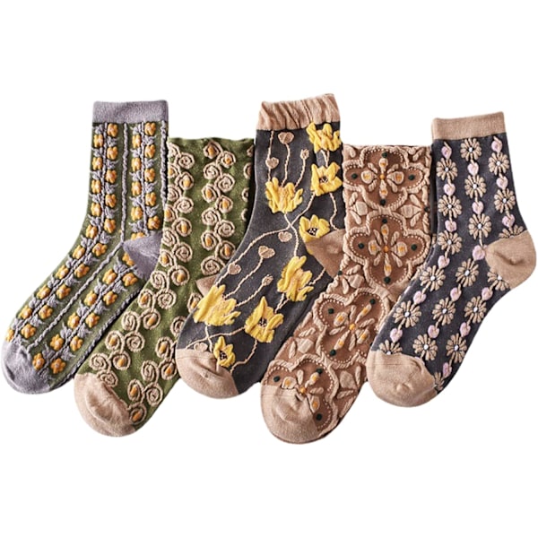 5-pack Söta Damstrumpor med Blommönster, Vintage Broderade Volangblommiga Strumpor, Kawaii Flickiga Ankelstrumpor i Bomull