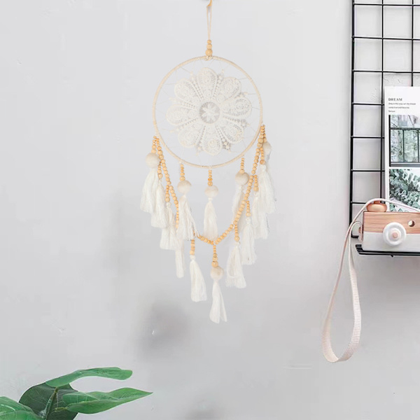 Drømmekatcher Væghæng med Pomponer Stor Hvid Drømmekatcher Træperler Boho Væghæng, Håndlavet Kvaster Ornament