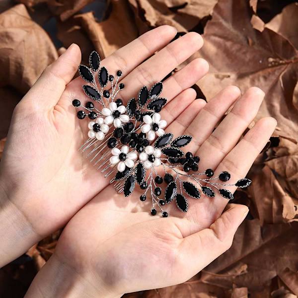 (Svart) Bröllopshårkam Pärlblomma Hårbit Rhinestone Dam Brudklänning Hårtillbehör