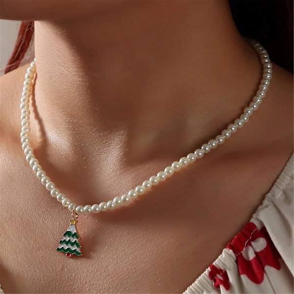 1 st Retro Emalj Klocka Julgran Box Snöflinga Faux Pärla Pärla Hänge Halsband Vintage Krage Halsband