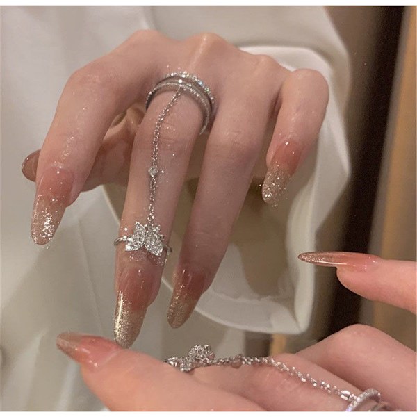 2 stk. Rhinestone Butterfly Fingernail Rings, Finger Tip Rings med Kæde Negle Dekorationer, Fashionabl