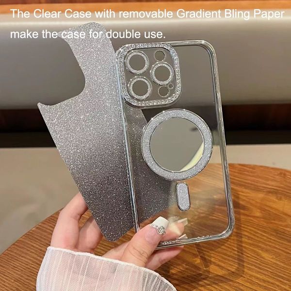 Sød luksuriøs bling glitrende diamant med kamera beskytter makeup spejl kvinder piger telefon etui til iPhone 15 Pro Max, lilla