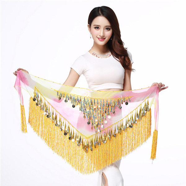 (Yellow) Belly Dance Hip Scarf Tassel Sequin Triangle Coin Wrap Skirt Music Festival Costume