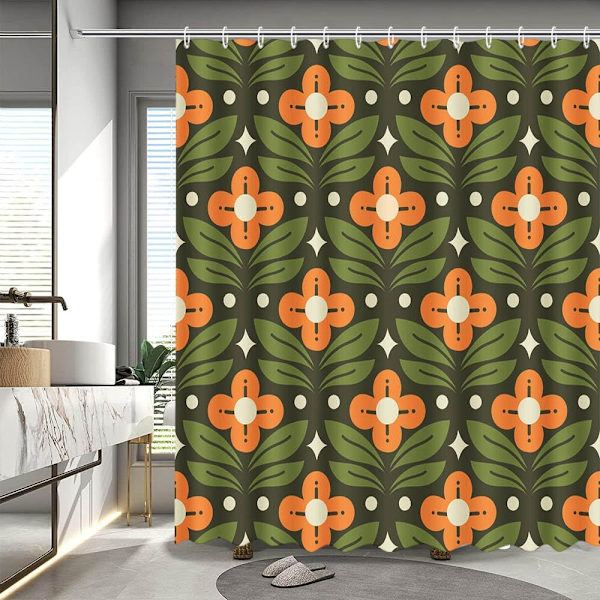Orange Blomster Grøn Bruseforhæng Vintage Midtårhundrede Moderne Abstrakt Geometrisk Badeværelsesforhæng Boho Retro Klassisk 195