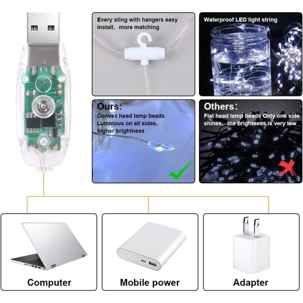 Gardinslynge Lys, 3m*3m 300 LED Gardinslynge Lys, USB + Batteri