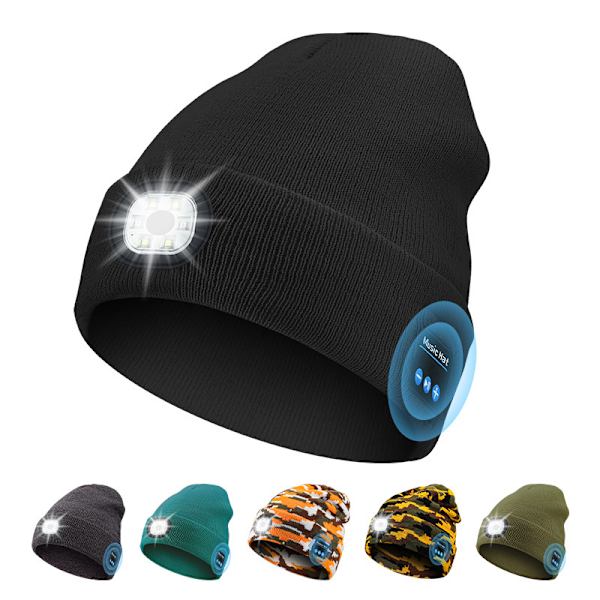 (Tummansininen) Bluetooth V5.0 LED-pipo, musiikilliset neulotut hatut, joissa on irrotettavat kaiuttimet ja pestävä