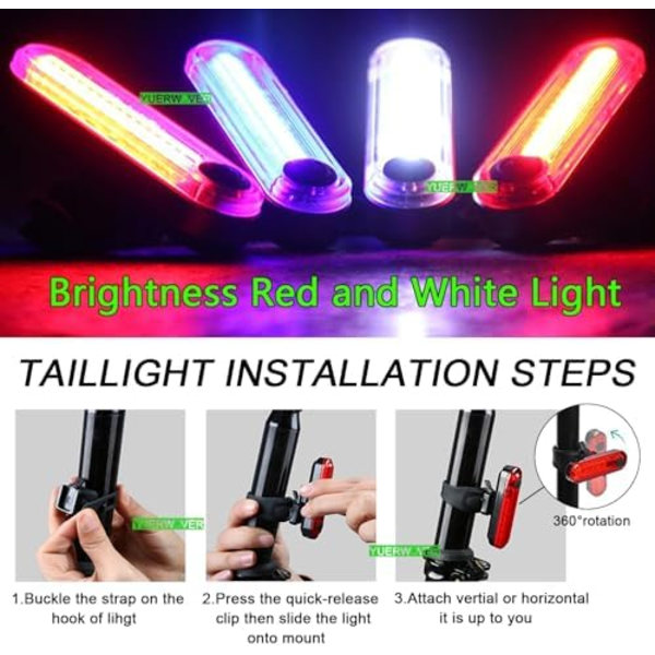 2-pak USB-oppladbart LED-sykkellys Baklys Sykkellys Nattlig Essensielt Reflektorsete Sikkerhetslampe W