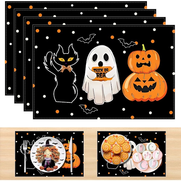 Halloween-underlägg, set om 4, Spöke Pumpa Katt 12x18 tum Halloween Bordstabletter för Hem Köksfest Semesterdekoration