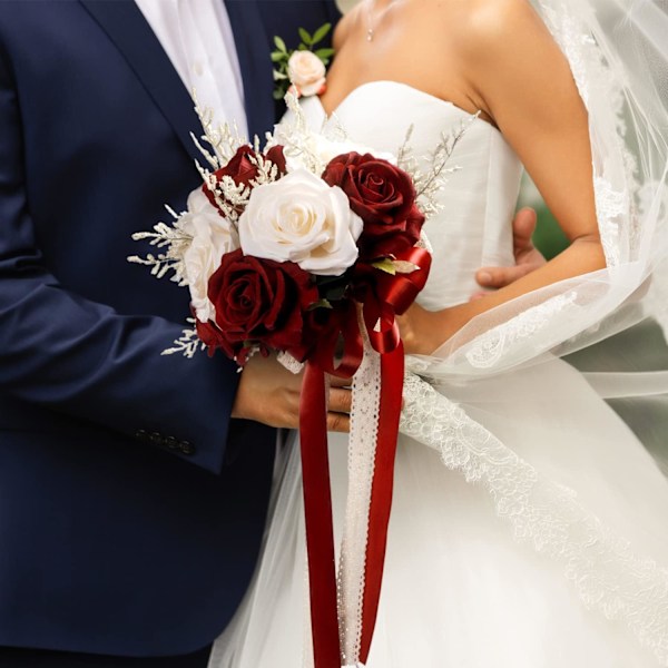 (Burgundy) Kunstige rosen brudebuketter, brudebuketter, rosen brudebuketter, kunstige bryllup
