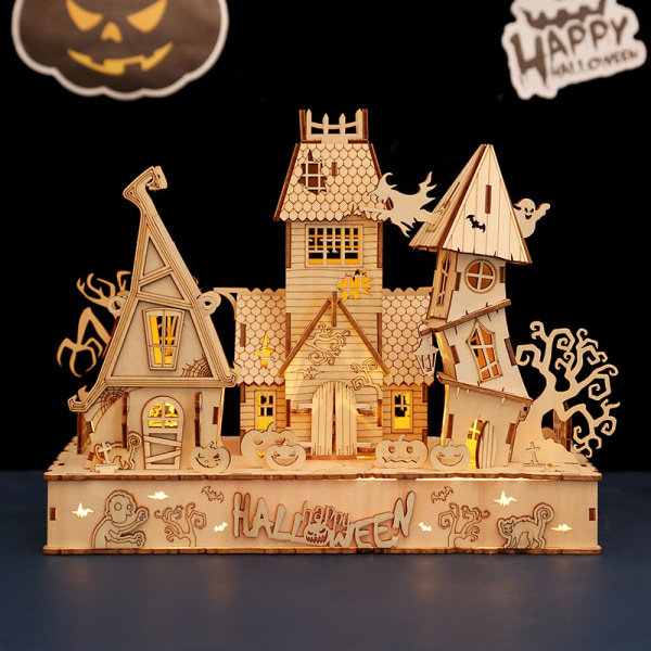DIY Halloween hus trä 3D tredimensionellt pussel sticksåg dekompression montering leksaker kreativa c