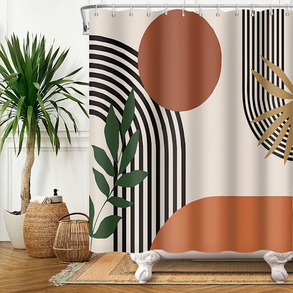 Duschdraperi 180x180cm Terrakotta Geometriska Svarta Linjer Modern Minimalistisk Badgardin Anti Mögel W