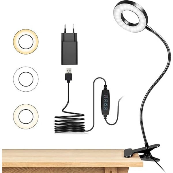 1 kpl 360° joustava LED-pöytävalaisin klipsillä, lukuvalo 3 valaistustilalla ja 10 kirkkaustasolla, USB LED opiskeluun ja työhön, musta