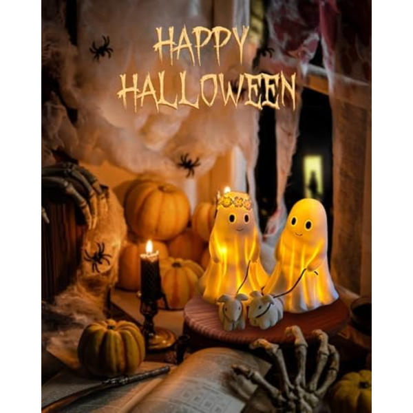 Varm Ljussatt Halloween Spöke Hund Staty Spöke med Hund Nattlampa Söt Spöke och Hund Festdekorationer för Halloween